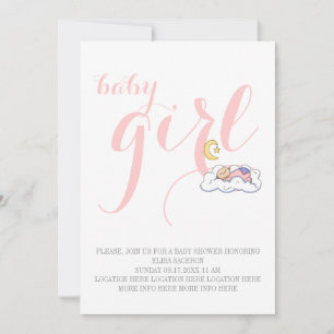 Invitation Bébé fille endormie douche texte élégant rose