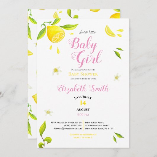 Invitation Bébé fille été printemps citron thème bébé douche (Devant / Derrière)