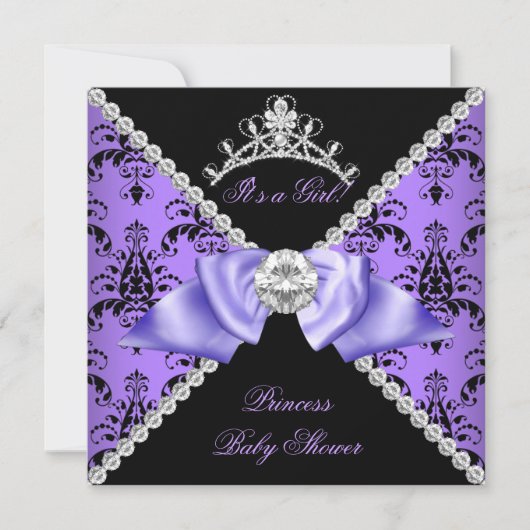 Invitation Bébé Fille Fête de Naissance Dameask Violet Prince (Devant)