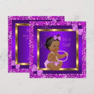 Invitation Bébé Fille Fête de Naissance Paillettes Violet Ros