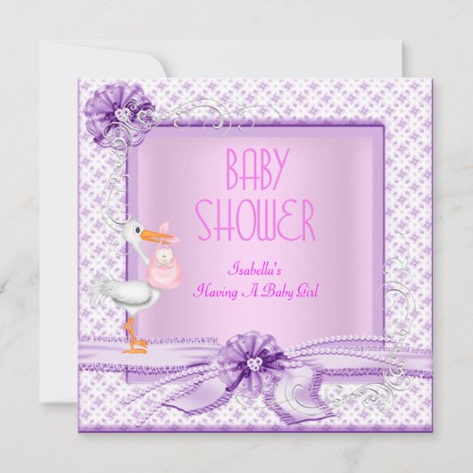 Invitation Bébé Fille Fête Rose Violet Floral (Devant)