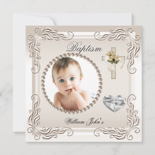 Invitation Bébé Fille Garçon Beige Crème Baptême (Devant)