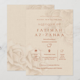 Invitation Bébé Fille Islamique Aqeeqah Florale Beige Luxe