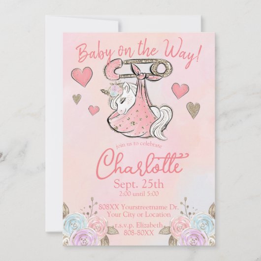 Invitation Bébé fille licorne mignonne (Devant)