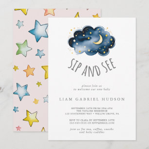 Invitation Bébé Fille Lune et Étoiles Sip and See