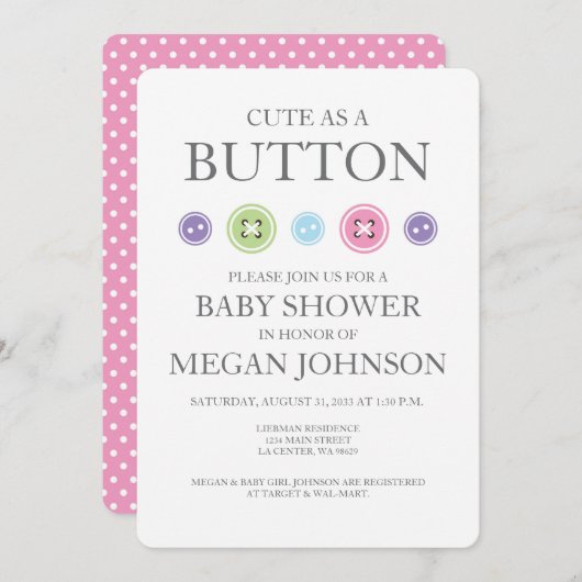 Invitation Bébé fille mignonne comme un bouton douche Invitat (Devant / Derrière)