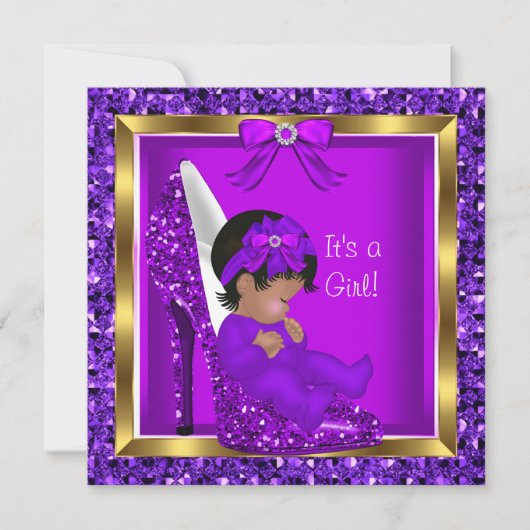 Invitation Bébé fille mignonne pailletée violette dans une ch (Devant)