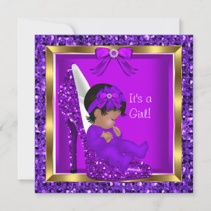 Invitation Bébé fille mignonne pailletée violette dans une ch