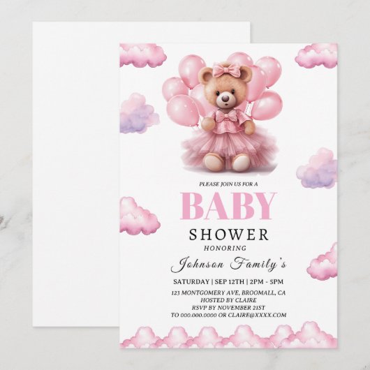 Invitation Bébé fille ourson boho rose Baby shower (Devant / Derrière)