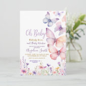 Invitation Bébé Fille Papillon Purple Fleurs Baby shower (Debout devant)