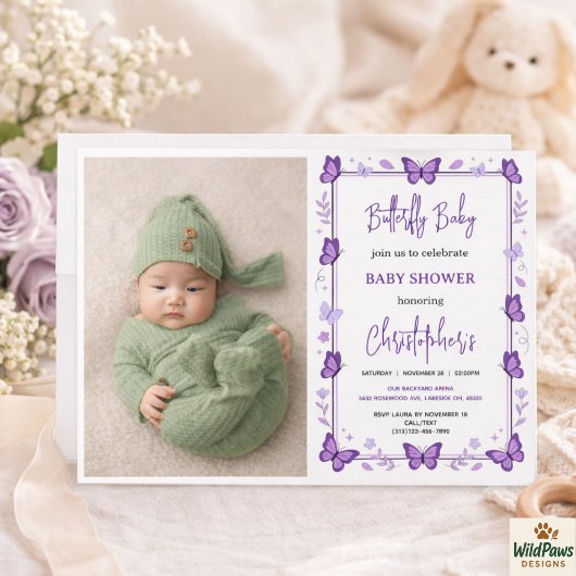 Invitation Bébé Fille Papillon Violet Célébration de Naissanc