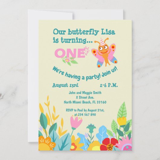 Invitation Bébé fille premier anniversaire papillon fête (Devant)