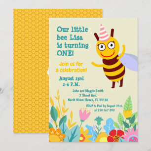 Invitation Bébé fille premier anniversaire petite fête d'abei