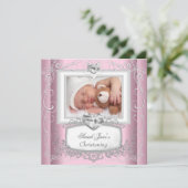 Invitation Bébé Fille Rose Baptême Croix Blanche (Debout devant)