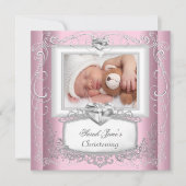 Invitation Bébé Fille Rose Baptême Croix Blanche (Devant)