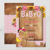 Invitation Bébé Fille rose Jaune Tournesol Bébé Q Barbecue (Devant / Derrière)