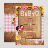 Invitation Bébé Fille rose Jaune Tournesol Bébé Q Barbecue (Devant / Derrière)