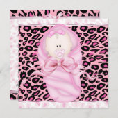 Invitation Bébé Fille rose Léopard noir bébé Fille Douche (Devant / Derrière)