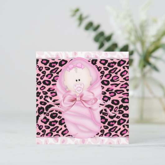 Invitation Bébé Fille rose Léopard noir bébé Fille Douche (Debout devant)