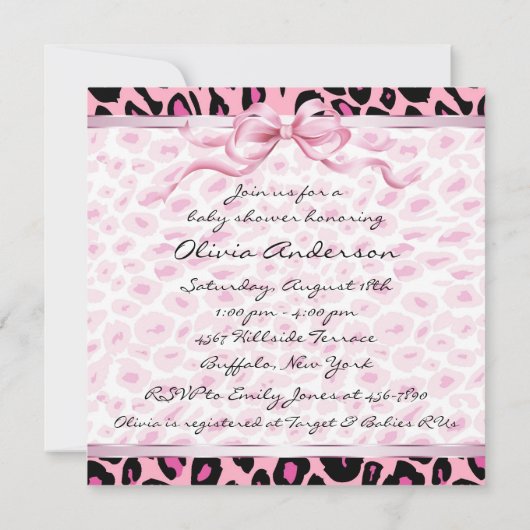 Invitation Bébé Fille rose Léopard noir bébé Fille Douche (Dos)