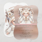 Invitation Bébé fille Rose panier d'or Baptême (Devant / Derrière)