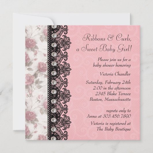Invitation Bébé Fille Rose Rose Assez Douche (Devant)