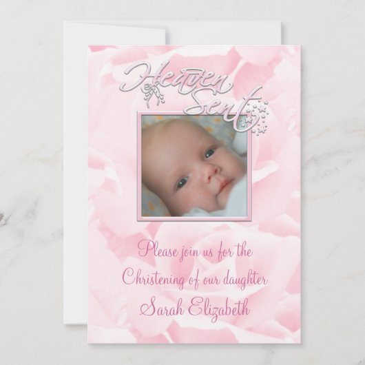 Invitation Bébé Fille Rose Rose Baptême Photo (Devant)