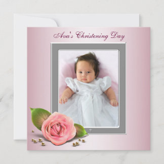 Invitation Bébé Fille Rose Rose Photo Christening