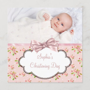 Invitation Bébé Fille Rose Rose Photo Christening