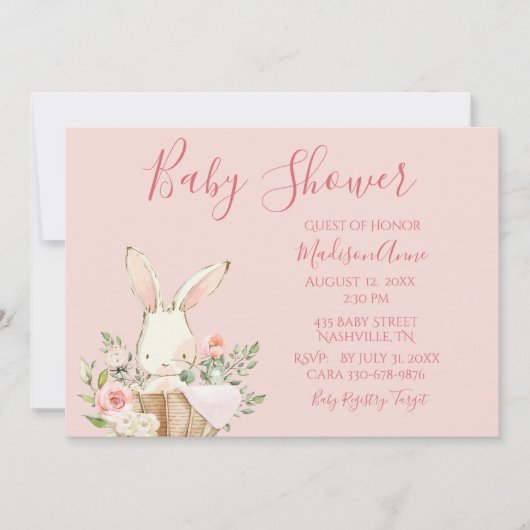 Invitation Bébé Fille rose Script mignonne lapin élégant bébé (Devant)