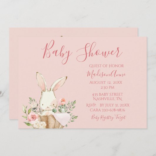 Invitation Bébé Fille rose Script mignonne lapin élégant bébé (Devant / Derrière)