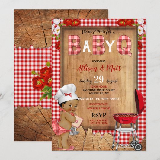 Invitation Bébé Fille Rouge Gingham Bois Fleurs Bébé Q Barbec (Devant / Derrière)