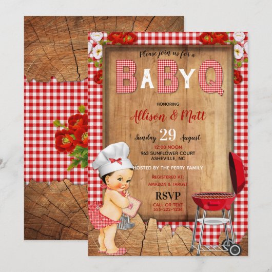 Invitation Bébé Fille Rouge Gingham Bois Fleurs Bébé Q Barbec (Devant / Derrière)