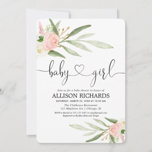 Invitation Bébé fille rousse rose or verdure feuille élégant (Devant)