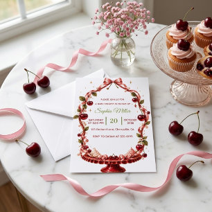 Invitation Bébé Fille Ruban Cerise Fête Rose Satin Dessert