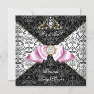Invitation Bébé Fille Shower Damask Gris Rose Princesse Noire
