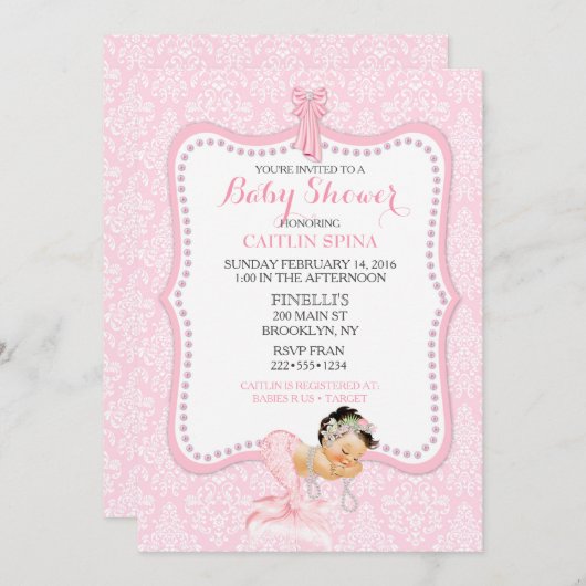 Invitation Bébé Fille Sirène Princesse Couronne Damas (Devant / Derrière)