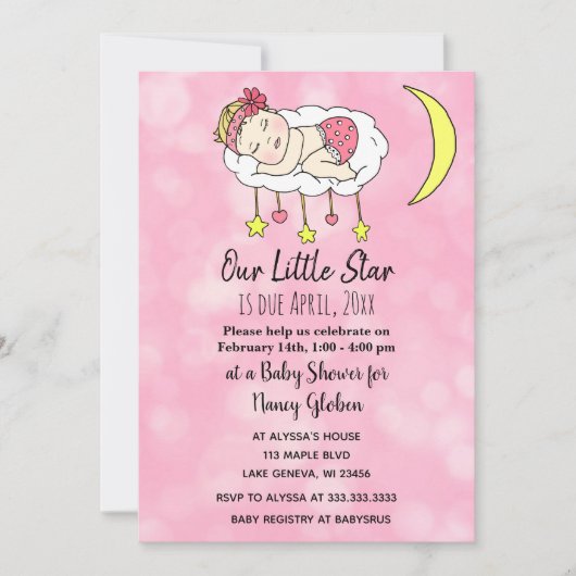 Invitation Bébé fille sur la lune rose Fête prénatale pour bé (Devant)