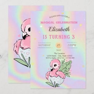 Invitation Bébé Flamant Rose, Anniversaire Holographique