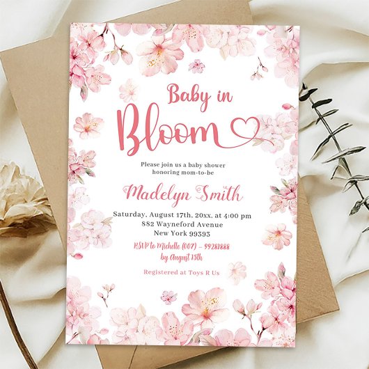 Invitation Bébé Fleur de Cerisier Rose Sakura en Fleur