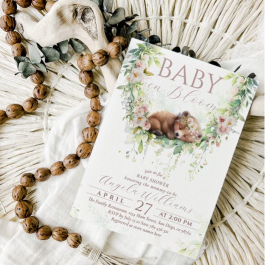 Invitation Bébé Fleur Floral Bois Ours Bébé Fille Douche