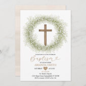 Invitation Bébé Fleur sauvage blanc Le souffle Bois Croix Bap (Devant / Derrière)
