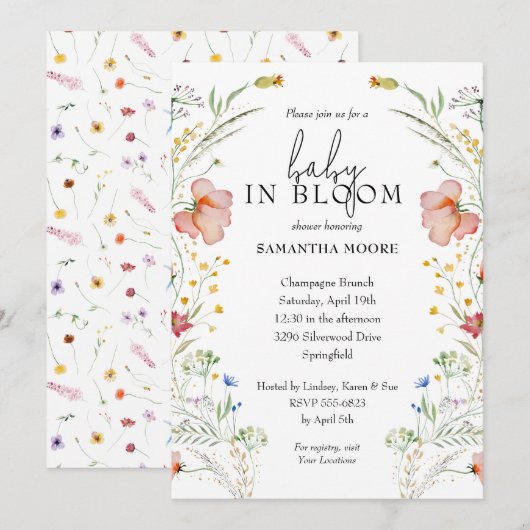 Invitation Bébé fleur sauvage dans douche en fleurs (Devant / Derrière)