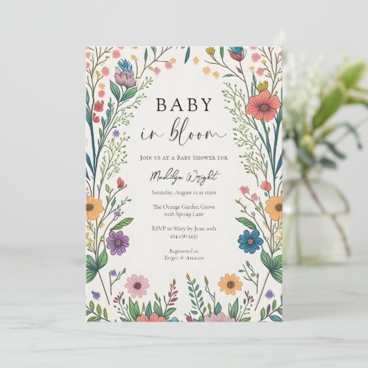 Invitation Bébé fleur sauvage dans douche en fleurs (Debout devant)