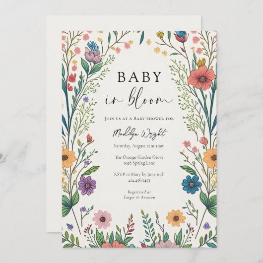 Invitation Bébé fleur sauvage dans douche en fleurs (Devant / Derrière)