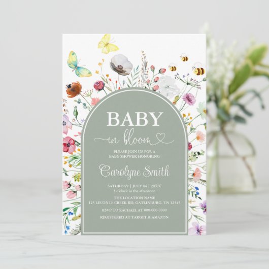 Invitation Bébé fleur sauvage en Bloom Sage Baby shower vert (Debout devant)