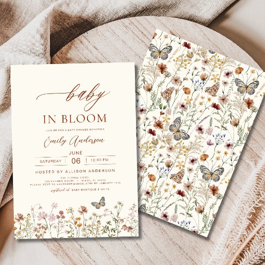 Invitation Bébé fleur sauvage en Fleur Baby shower Beige
