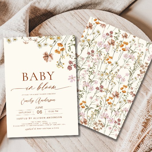 Invitation Bébé fleur sauvage en Fleur Baby shower Beige
