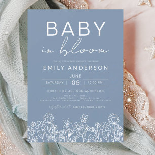 Invitation Bébé fleur sauvage en Fleur Baby shower Dusty Blue