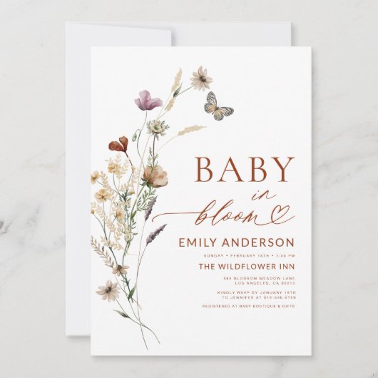 Invitation Bébé fleur sauvage en Fleur Baby shower en terre c (Devant)